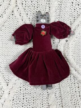 Vintage Anthropomorphic Cat Doll Hand Painted Face Velvet Dress Folk Art